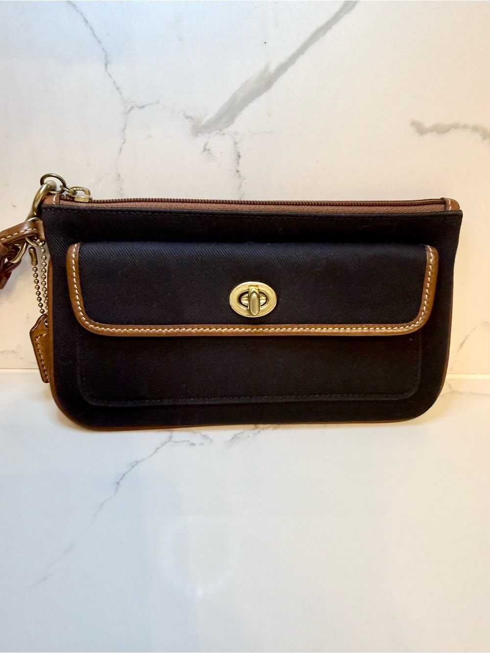 Vintage Coach Black Fabric & Tan Leather Turn-lock Wristlet Pouch